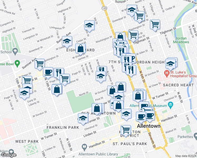 map of restaurants, bars, coffee shops, grocery stores, and more near 921 Liberty Street in Allentown