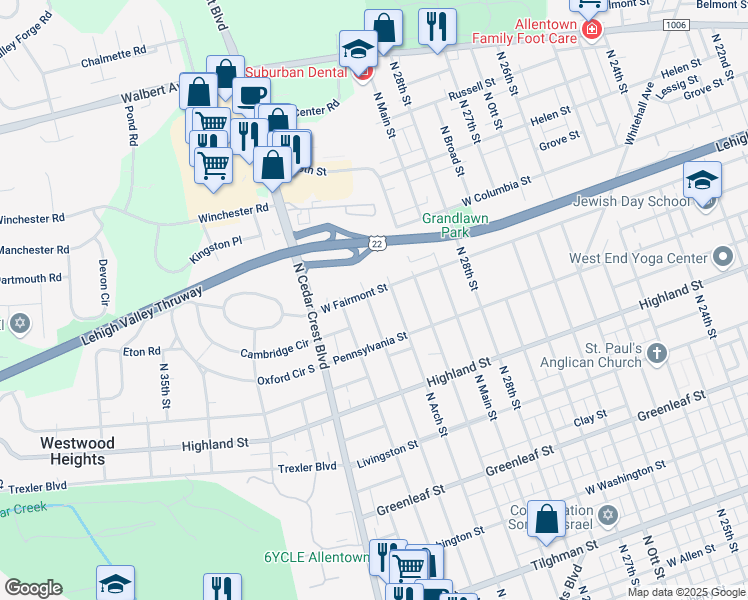 map of restaurants, bars, coffee shops, grocery stores, and more near 1259 North 30th Street in Allentown