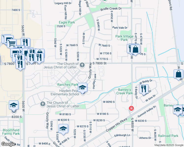 map of restaurants, bars, coffee shops, grocery stores, and more near 5098 West 7870 South in West Jordan