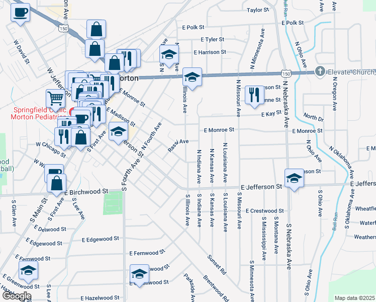 map of restaurants, bars, coffee shops, grocery stores, and more near 216 North Illinois Avenue in Morton