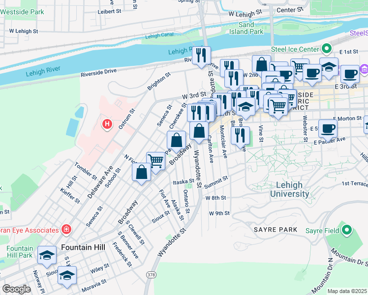 map of restaurants, bars, coffee shops, grocery stores, and more near 526 Broadway in Bethlehem