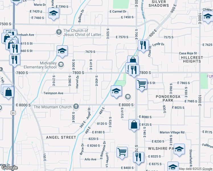 map of restaurants, bars, coffee shops, grocery stores, and more near 7865 South Citori Drive in Sandy