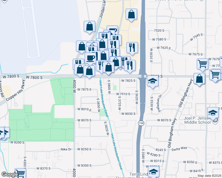 map of restaurants, bars, coffee shops, grocery stores, and more near 7879 South 3800 West in West Jordan