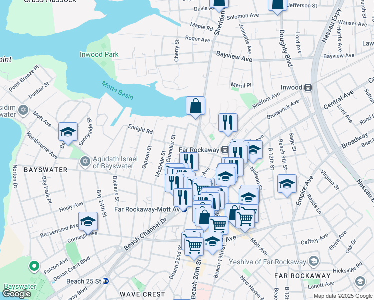map of restaurants, bars, coffee shops, grocery stores, and more near 13-88 Pinson Street in Queens