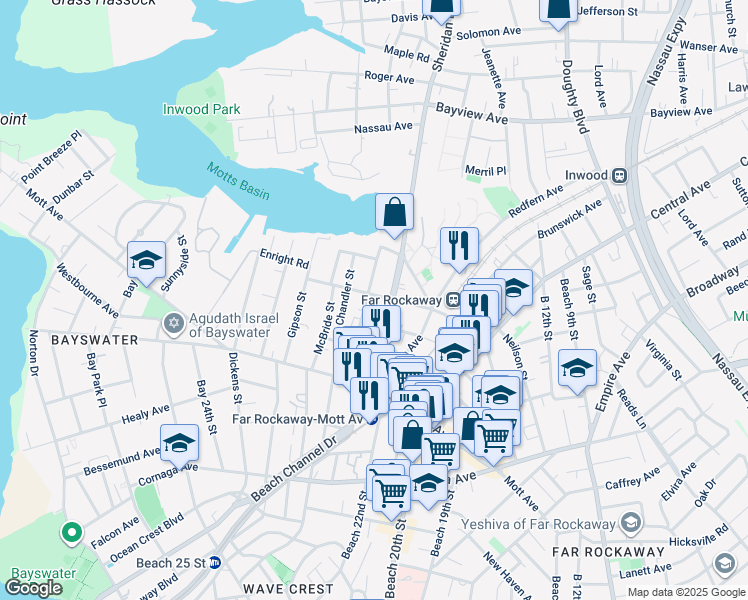 map of restaurants, bars, coffee shops, grocery stores, and more near 13-88 Pinson Street in Queens