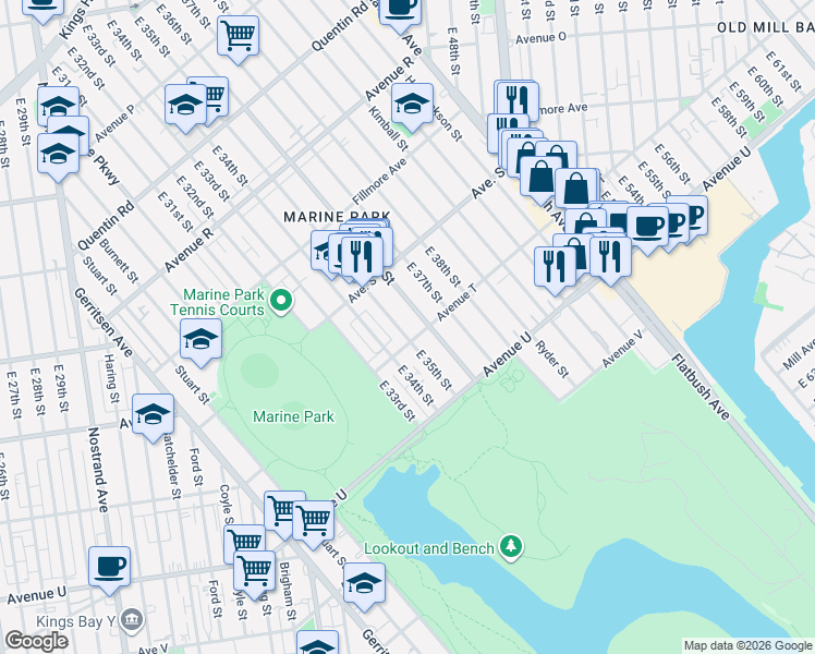 map of restaurants, bars, coffee shops, grocery stores, and more near 2071 East 35th Street in Brooklyn