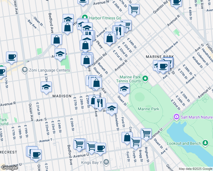 map of restaurants, bars, coffee shops, grocery stores, and more near 1834 Stuart Street in Brooklyn