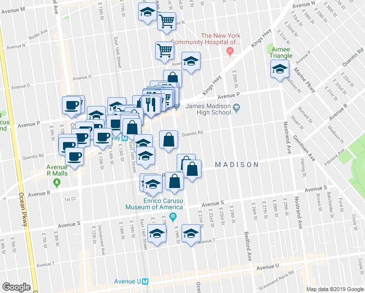 map of restaurants, bars, coffee shops, grocery stores, and more near 2205 Ocean Avenue in Brooklyn