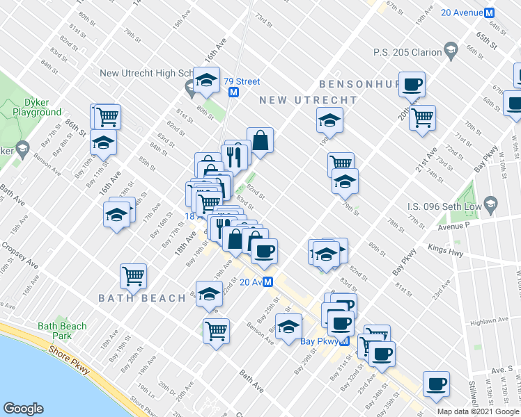 map of restaurants, bars, coffee shops, grocery stores, and more near 1848 83rd Street in Brooklyn