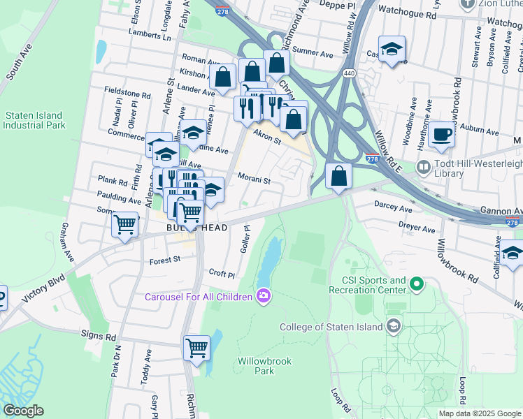 map of restaurants, bars, coffee shops, grocery stores, and more near 36 Gary Court in Staten Island