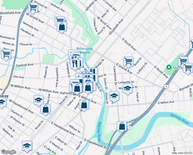 map of restaurants, bars, coffee shops, grocery stores, and more near 107 Monroe Street in Rahway