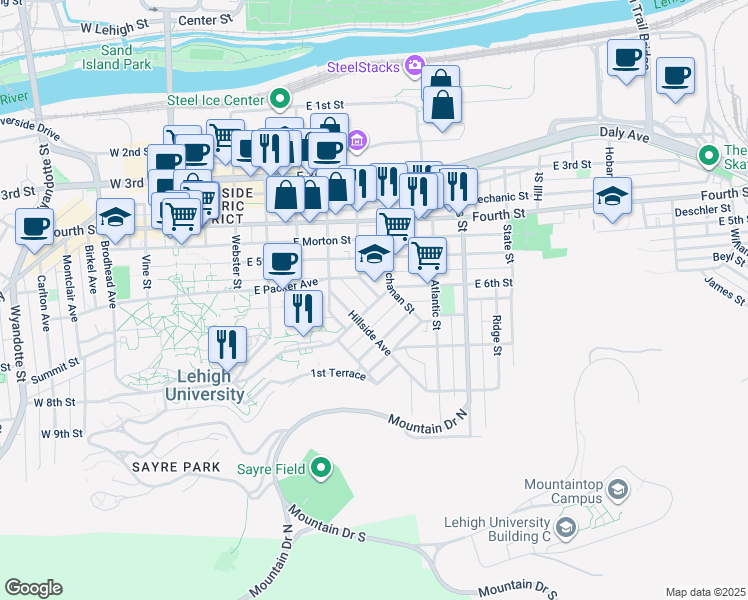 map of restaurants, bars, coffee shops, grocery stores, and more near 567 Hillside Avenue in Bethlehem