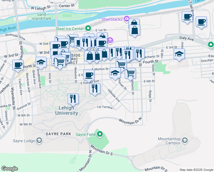 map of restaurants, bars, coffee shops, grocery stores, and more near 631 Parkhill Street in Bethlehem