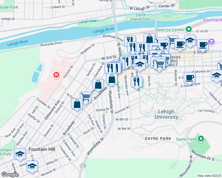 map of restaurants, bars, coffee shops, grocery stores, and more near 520 Pennsylvania 378 in Bethlehem