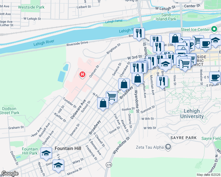 map of restaurants, bars, coffee shops, grocery stores, and more near 701 Cherokee Street in Bethlehem