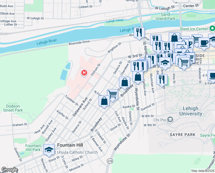 map of restaurants, bars, coffee shops, grocery stores, and more near 725 Seneca Street in Fountain Hill