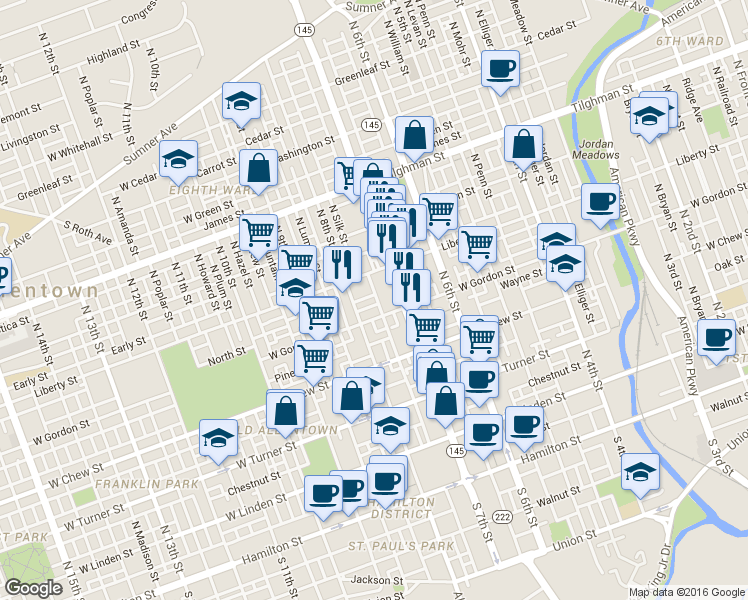 map of restaurants, bars, coffee shops, grocery stores, and more near 415 North Hall Street in Allentown
