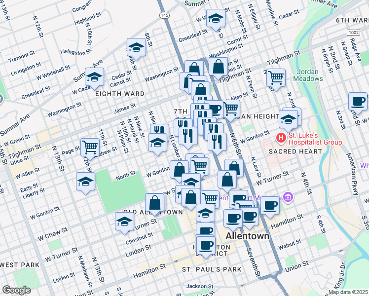 map of restaurants, bars, coffee shops, grocery stores, and more near 430 North Refwal Street in Allentown