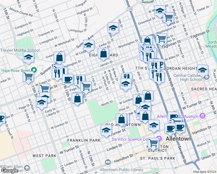 map of restaurants, bars, coffee shops, grocery stores, and more near 520 North 10th Street in Allentown