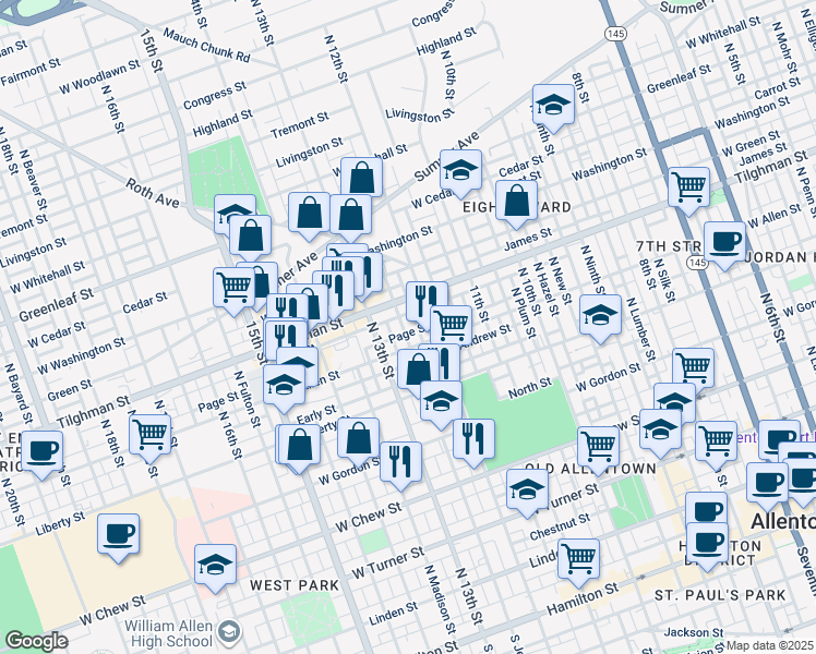 map of restaurants, bars, coffee shops, grocery stores, and more near 617 North Richland Street in Allentown