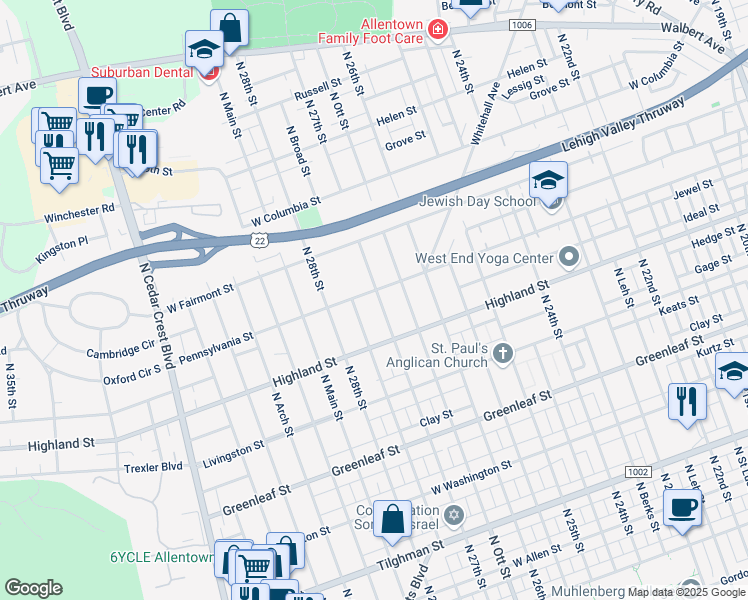 map of restaurants, bars, coffee shops, grocery stores, and more near 2714 Pennsylvania Street in Allentown