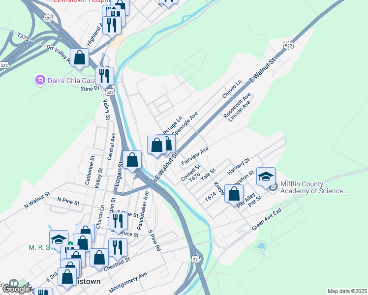 map of restaurants, bars, coffee shops, grocery stores, and more near 530 East Walnut Street in Lewistown