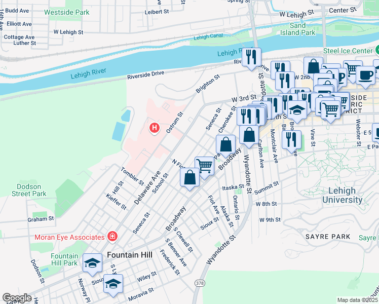 map of restaurants, bars, coffee shops, grocery stores, and more near 725 Seneca Street in Fountain Hill