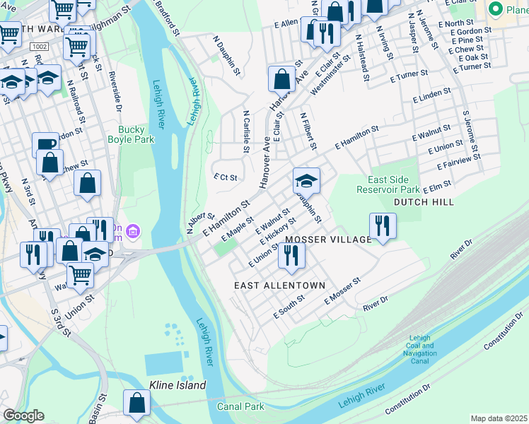 map of restaurants, bars, coffee shops, grocery stores, and more near 266 East Maple Street in Allentown