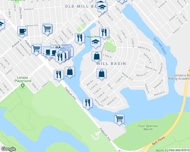 map of restaurants, bars, coffee shops, grocery stores, and more near 2722 Mill Avenue in Brooklyn