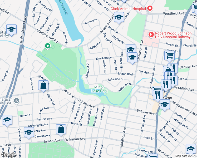 map of restaurants, bars, coffee shops, grocery stores, and more near 647 Keller Place in Rahway