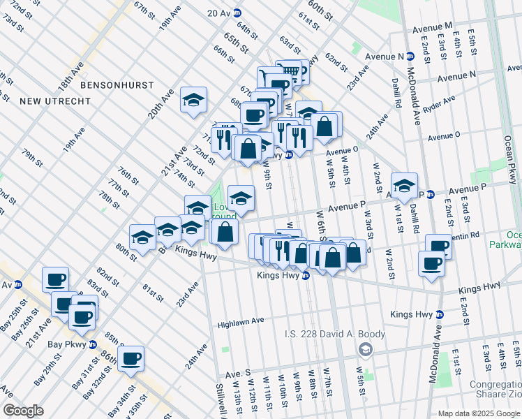 map of restaurants, bars, coffee shops, grocery stores, and more near 1599 West 10th Street in Brooklyn