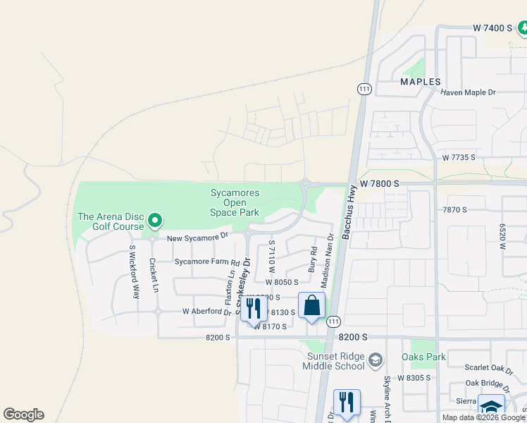 map of restaurants, bars, coffee shops, grocery stores, and more near 7177 Moorepark Place in West Jordan