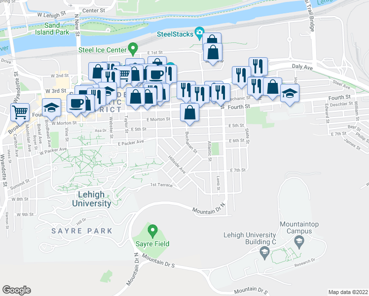 map of restaurants, bars, coffee shops, grocery stores, and more near 538 Thomas Street in Bethlehem