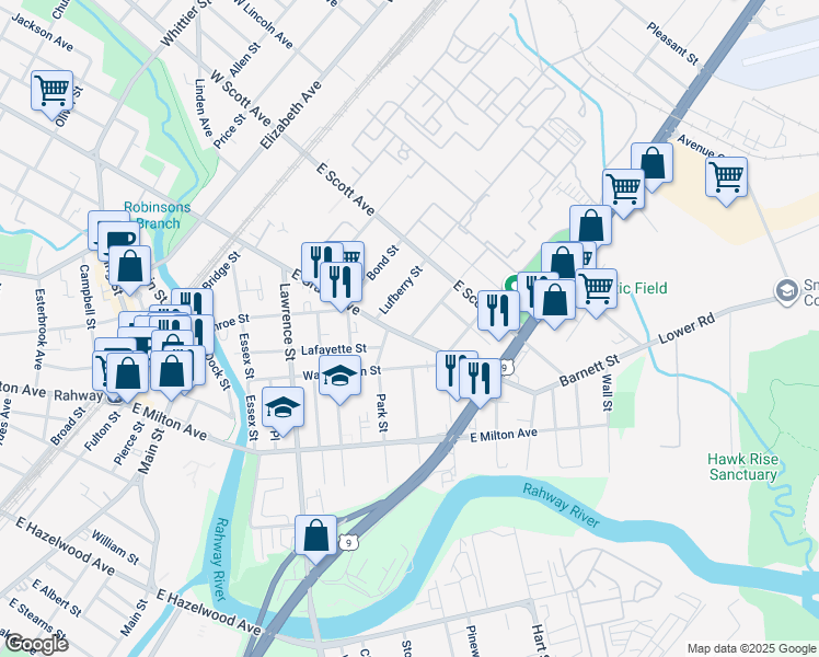 map of restaurants, bars, coffee shops, grocery stores, and more near 1894 Rutherford Street in Rahway