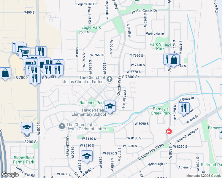 map of restaurants, bars, coffee shops, grocery stores, and more near 5162 Cold Stone Lane in West Jordan