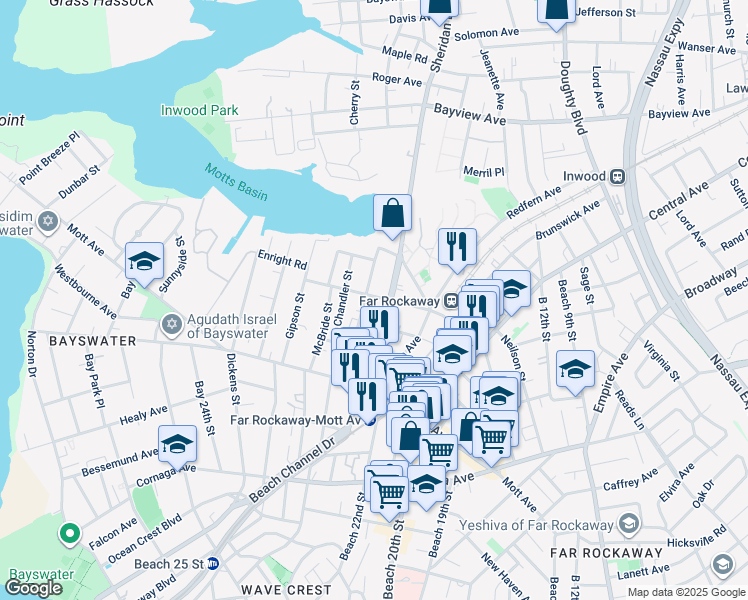 map of restaurants, bars, coffee shops, grocery stores, and more near 22-15 Nameoke Avenue in Queens