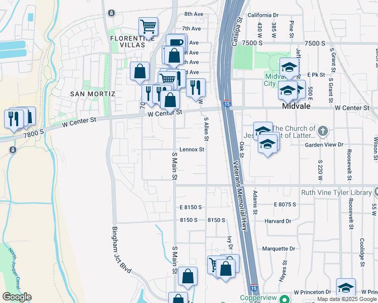 map of restaurants, bars, coffee shops, grocery stores, and more near 653 7870 S in Midvale