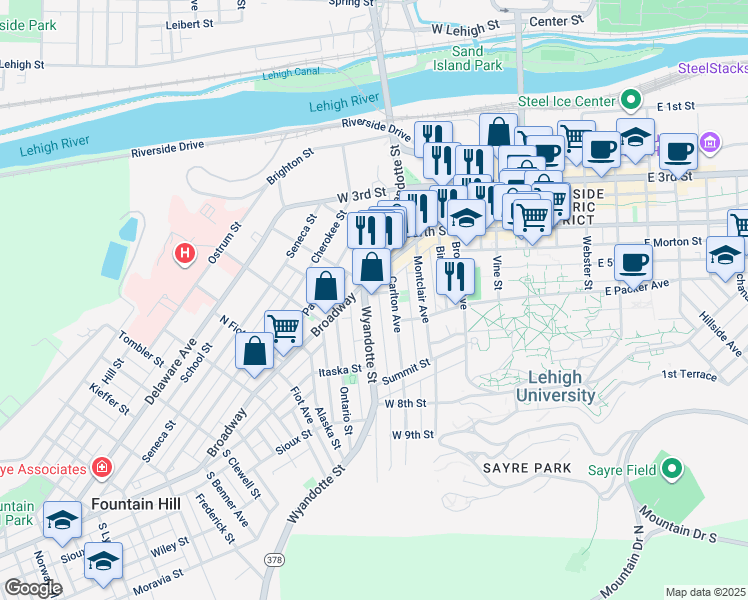 map of restaurants, bars, coffee shops, grocery stores, and more near 520 Pennsylvania 378 in Bethlehem