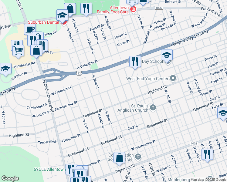 map of restaurants, bars, coffee shops, grocery stores, and more near 2714 Pennsylvania Street in Allentown