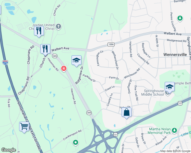 map of restaurants, bars, coffee shops, grocery stores, and more near 4444 Farm Drive in Allentown