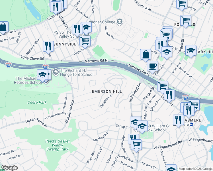 map of restaurants, bars, coffee shops, grocery stores, and more near in Staten Island