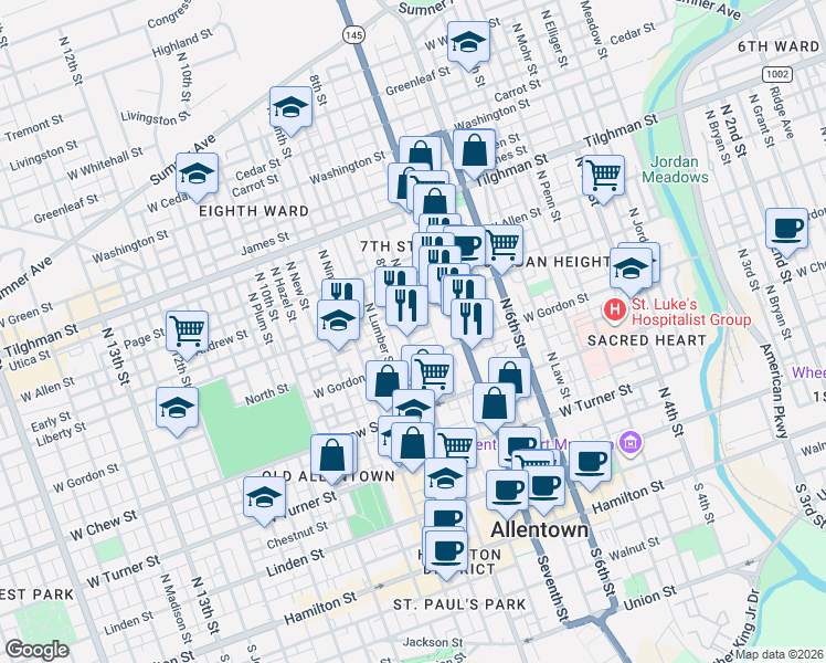 map of restaurants, bars, coffee shops, grocery stores, and more near 430 North Refwal Street in Allentown