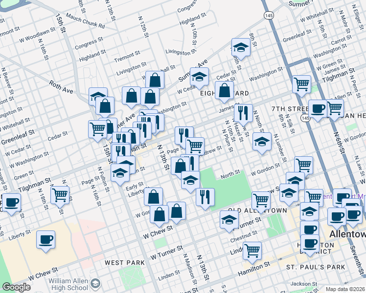 map of restaurants, bars, coffee shops, grocery stores, and more near 612 North 12th Street in Allentown