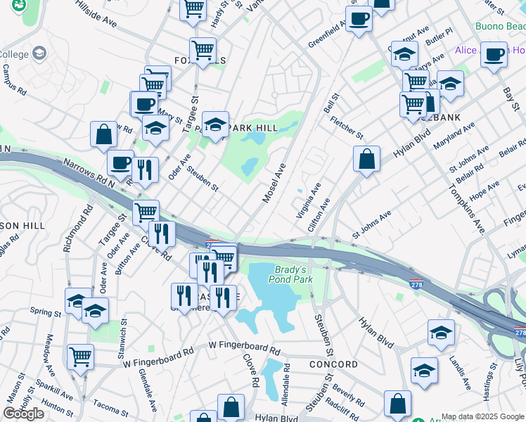 map of restaurants, bars, coffee shops, grocery stores, and more near 335 Mosel Avenue in Staten Island