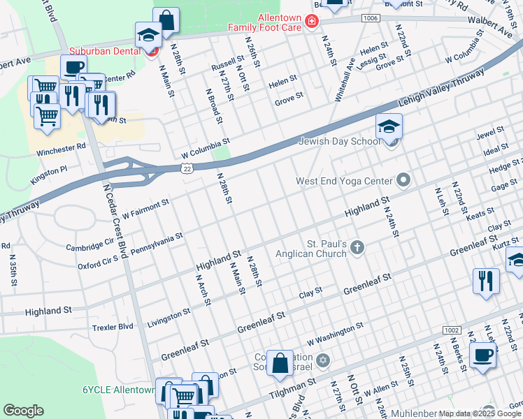 map of restaurants, bars, coffee shops, grocery stores, and more near 2714 Pennsylvania Street in Allentown