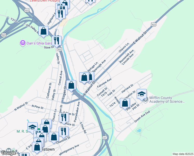 map of restaurants, bars, coffee shops, grocery stores, and more near 505 East Walnut Street in Lewistown
