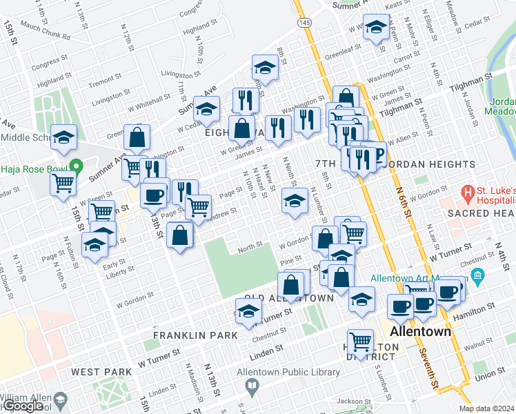 map of restaurants, bars, coffee shops, grocery stores, and more near 520 North 10th Street in Allentown