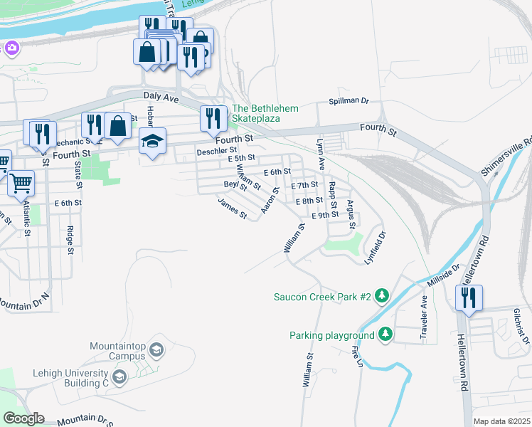 map of restaurants, bars, coffee shops, grocery stores, and more near 719 Aaron Street in Bethlehem