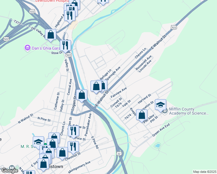 map of restaurants, bars, coffee shops, grocery stores, and more near 501 East Walnut Street in Lewistown