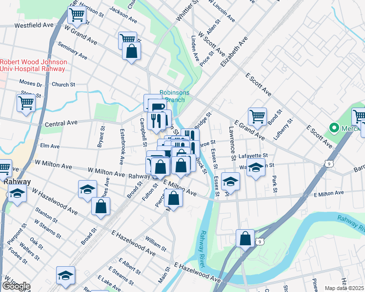 map of restaurants, bars, coffee shops, grocery stores, and more near 1574 Main Street in Rahway